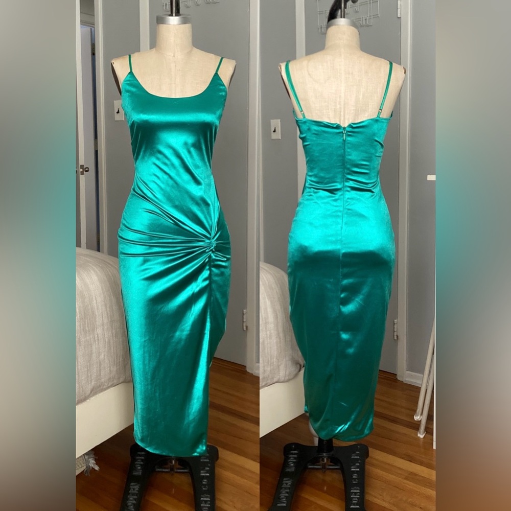 Womens JLuxLabel green stretch satin dress with front/ front slit in size M